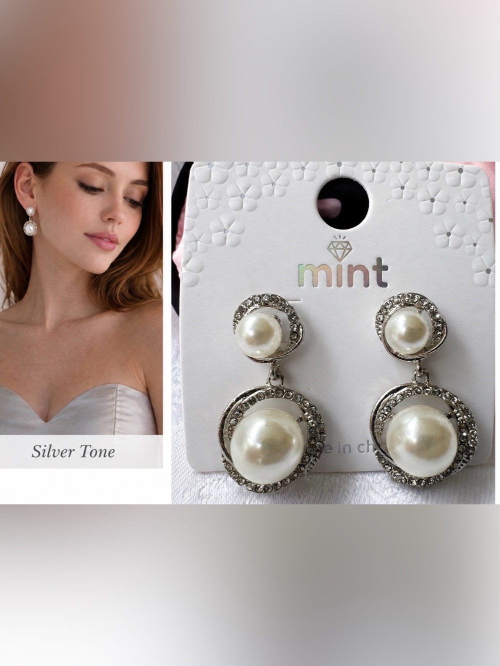 Mint Rhinestone Faux Silver Pearl Dangle Drop CZ Fashion Earrings 1.2" NEW